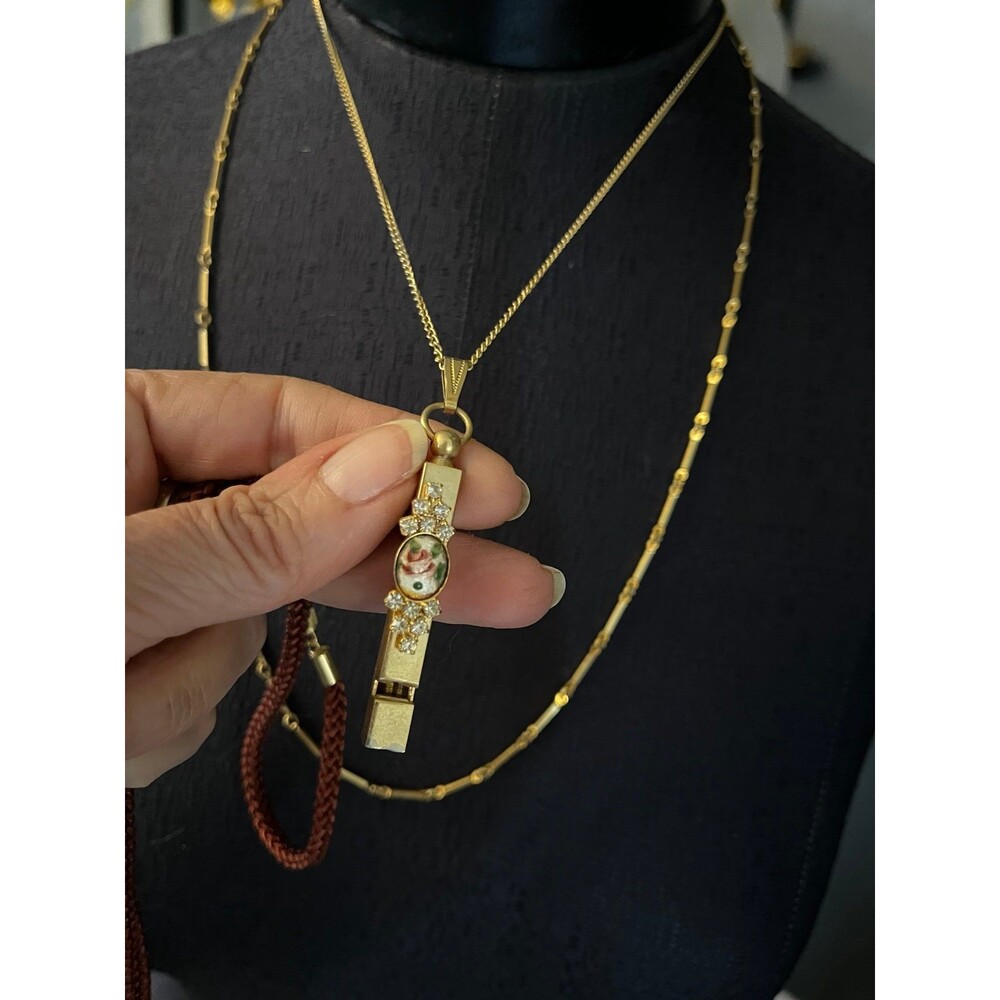 Vintage Rose Enamel Whistle Necklace Double layered gold Chain Necklace